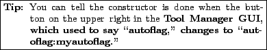 \fbox{\parbox{0.7\textwidth}{
\small\begin{description}\vspace{-1.5\topsep}\item...
...changes to \lq\lq {\bf autoflag:myautoflag}.''\vspace{-1.5\topsep}\end{description}}}